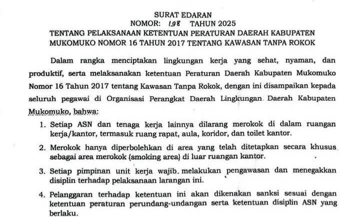 Kawasan Tanpa Rokok, Bupati Mukomuko Keluarkan Surat Edaran 